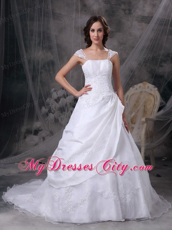 Square Train Satin and Organza Embriodery Decorated Wedding Dress